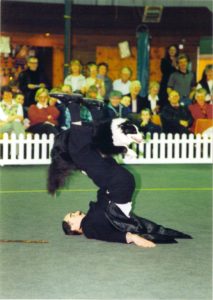 man lying on the ground and border collie dog jumping through his legs at a dog show